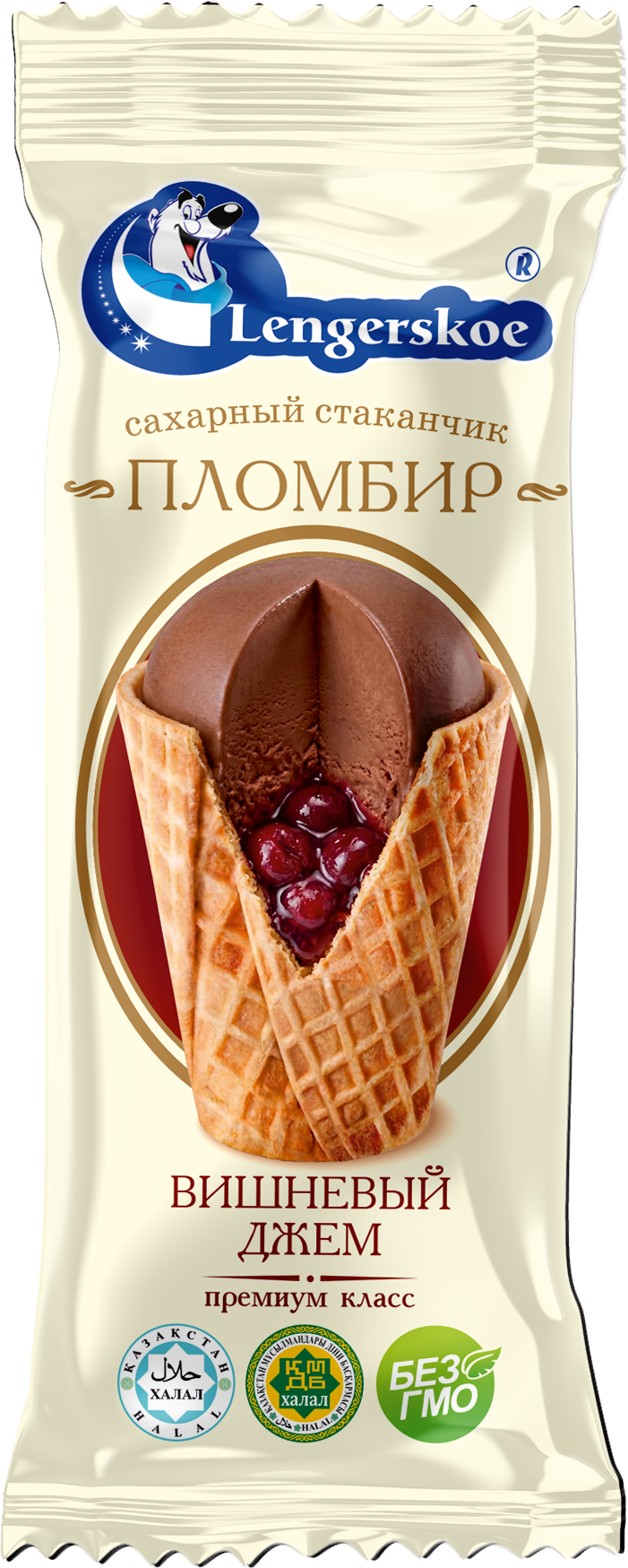 Сахарный стаканчик пломбир со вкусом шоколада с вишневым джемом